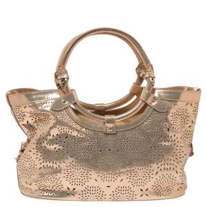 مملوكة مسبقًا Jimmy Choo Metallic Rose Gold Leather Laser Cut Ring Handle Tote