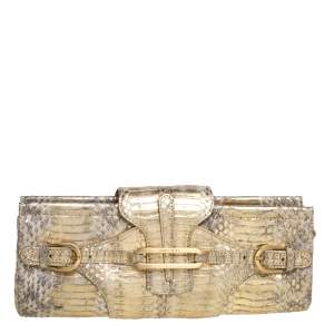 Pre Owned Jimmy Choo Metallic Gold Python Tulita Wristlet Clutch