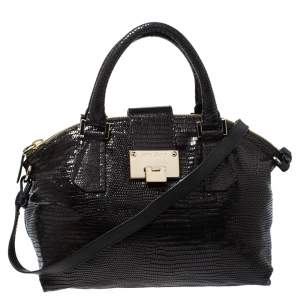 Pre Owned Jimmy Choo Black Lizard Effect Leather Rosa Satchel
