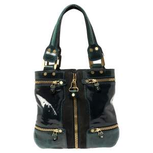 مملوكة مسبقًا Jimmy Choo Dark Green Patent Leather And Suede Small Mona Tote