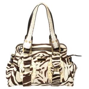 Pre Owned Jimmy Choo Brown/White Zebra Print Calfhair and Python Malena Satchel