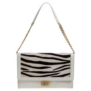 Jimmy Choo White Zebra Print Calfhair and Leather Flap Chain Shoulder Bag