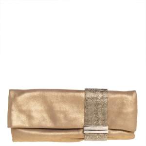 Pre Owned Jimmy Choo Gold Shimmer Suede Chandra Clutch