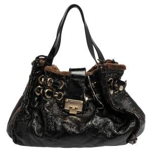 Jimmy Choo Black/Brown  Patent Leather and Shearling Ramona Shoulder Bag