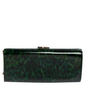 Pre Owned Jimmy Choo Green/Black Leopard Print Patent Leather Twill Tube Clutch