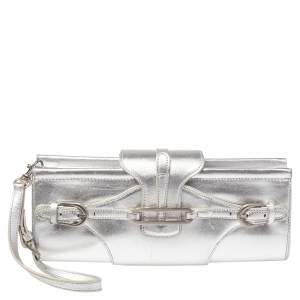 Pre Owned حقيبة كلتش جيمي تشو توليتا جلد فضي ميتاليك حمالة معصم 