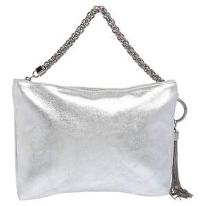 Pre Owned Jimmy Choo Metallic Silver Leather Callie Tassel Clutch