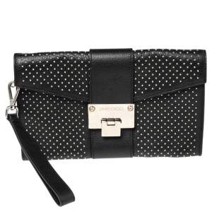 Pre Owned حقيبة كلتش جيمي تشو حمالة معصم ريبل مرصع جلد أسود