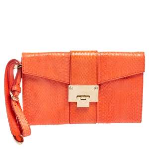 Pre Owned Jimmy Choo Orange Snakeskin Rebel Wristlet Clutch