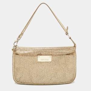 Pre Owned حقيبة كلتش جيمي تشو شبك وغليتر ذهبي بسحاب وحمالة معصم