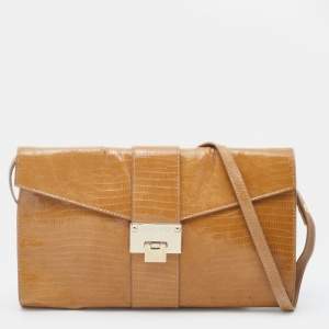 Pre Owned Jimmy Choo Beige Lizard Embossed Patent Leather Carolina Flap Shoulder Bag