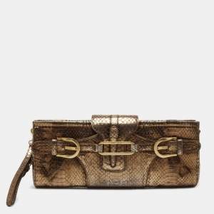 Pre Owned Jimmy Choo Metallic Bronze Python Tulita Wristlet Clutch