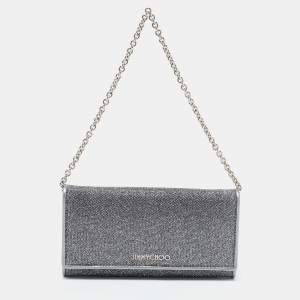 Jimmy Choo Metallic/Silver Glitter and Leather Flap Wallet on Chain