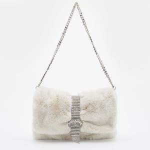 مملوكة مسبقًا Jimmy Choo White Faux Fur Daisy Crystal Embellished Clutch