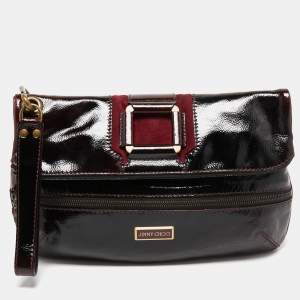 Jimmy Choo Burgundy Patent Leather and Suede Mave Foldover Clutch