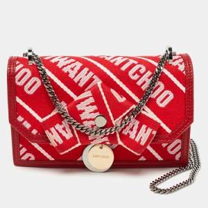 Jimmy Choo Red/White Canvas and Leather Logo Tape Bow Finley Shoulder Bag