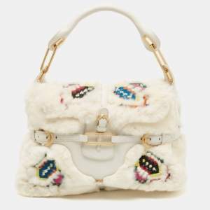 Jimmy Choo White Embroidered Rabbit Fur and Leather Tulita Hobo