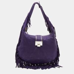 Pre Owned Jimmy Choo Purple Python Effect Leather Fringe Hobo