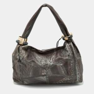 Jimmy Choo Dark Brown/Grey Karung and Watersnake Leather Saba Hobo