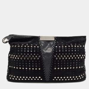 Pre Owned Jimmy Choo Black Perforated Suede and Leather Studded Clutch