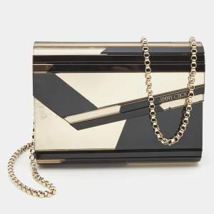 Jimmy Choo Black/Gold Graphic Mirror Patchwork Acrylic and Suede Candy Chain Clutch