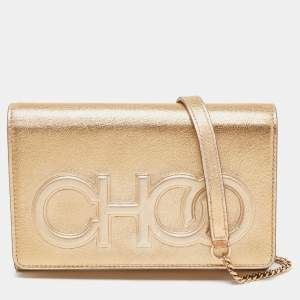 Pre Owned Jimmy Choo Gold Leather Sonia Crossbody Bag 