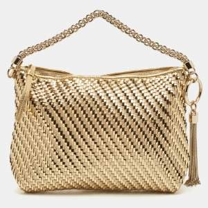 Pre Owned Jimmy Choo Gold Woven Patent and Leather Callie Tassel Clutch