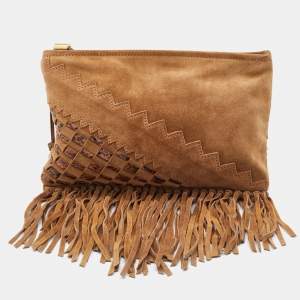 Jimmy Choo Brown Suede and Watersnake Leather Fringe Tita Convertible Clutch 