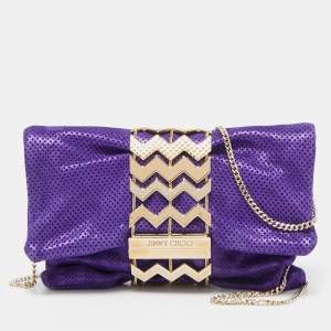 Jimmy Choo Purple Shimmer Perforated  Suede Chandra Chain Clutch