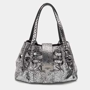 Pre Owned Jimmy Choo Silver Watersnake Leather Riki Tote