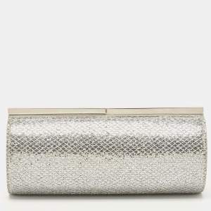 Pre Owned Jimmy Choo Silver Glitter Fabric Twill Tube Clutch