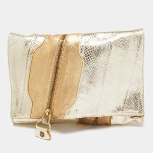Jimmy Choo Gold Snakeskin and Laminated Suede Martha Clutch