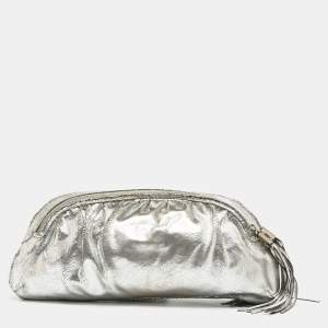Jimmy Choo Silver Cracking Leather Double Zip Tassel Clutch