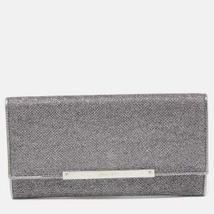 Pre Owned Jimmy Choo Silver Glitter and Leather Metal Logo Flap Clutch