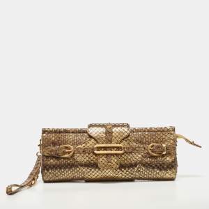 Pre Owned Jimmy Choo Go;ld Watersnake Leather Tulita Wristlet Clutch