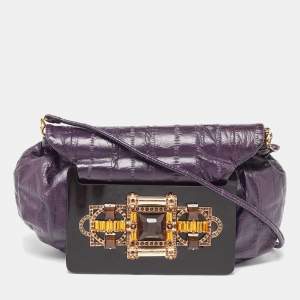 Jimmy Choo Purple Eel Leather Crystal Embellished Strap Clutch
