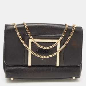 Jimmy Choo Black Leather and Snakeskin Trim Alba Shoulder Bag