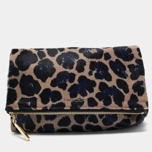 Jimmy Choo Black/Blue Leopard Print Calfhair Zip Fold Over Clutch