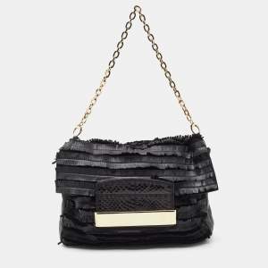 Jimmy Choo Black Python Leather and Suede Carolina Fringe Shoulder Bag