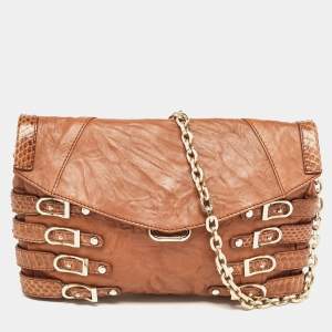 Pre Owned Jimmy Choo Cognac Leather and Python Trim Brix Convertible Clutch