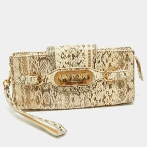 Pre Owned Jimmy Choo Beige Python Embossed Leather Tulita Wristlet Clutch