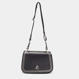 Jimmy Choo Black Leather Varenne Studded Flap Crossbody Bag