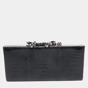 Jimmy Choo Black Ostrich Leg Leather Crystals Logo Frame Clutch