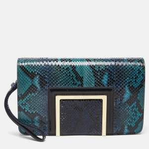 Pre Owned Jimmy Choo Blue Snakeskin Wristlet Clutch