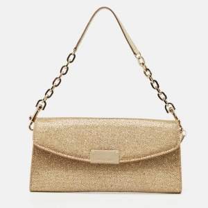 Pre Owned Jimmy Choo Gold Lamé Glitter Riane Chain Clutch 