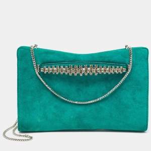 Jimmy Choo Green Suede Crystals Venus Clutch On Chain
