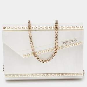 Pre Owned Jimmy Choo Off White Pearl Embellished Acrylic and Leather Candy Chain Clutch