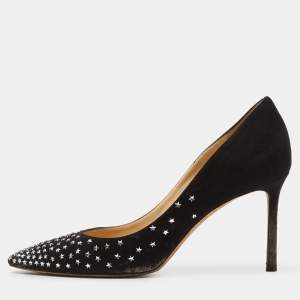 Jimmy Choo Black Suede Romy Crystal Embellished Pointed Toe Pumps Size 39.5