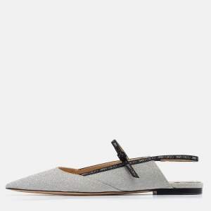 Pre Owned Jimmy Choo Silver Glitter Slingback Flat Sandals Size 39.5