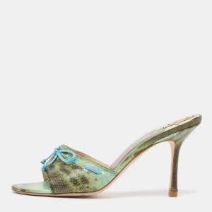 Jimmy Choo Vintage Green/Brown Karung Bow Mule Sandals Size 39